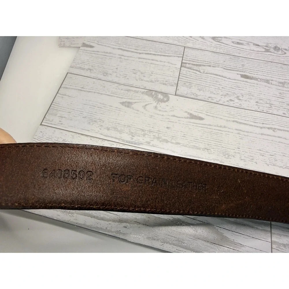 Vintage Brown Silver Tone Buckle Mens Belt Top Grain Leather Size 42 Fits to 44
